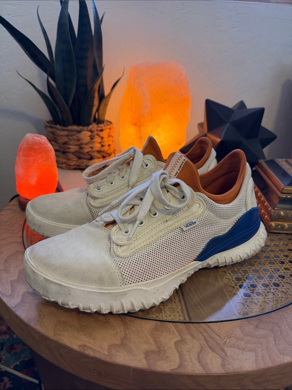 Vans Men's Off-White Mesh Sneakers with Blue Heel and Tan Lining